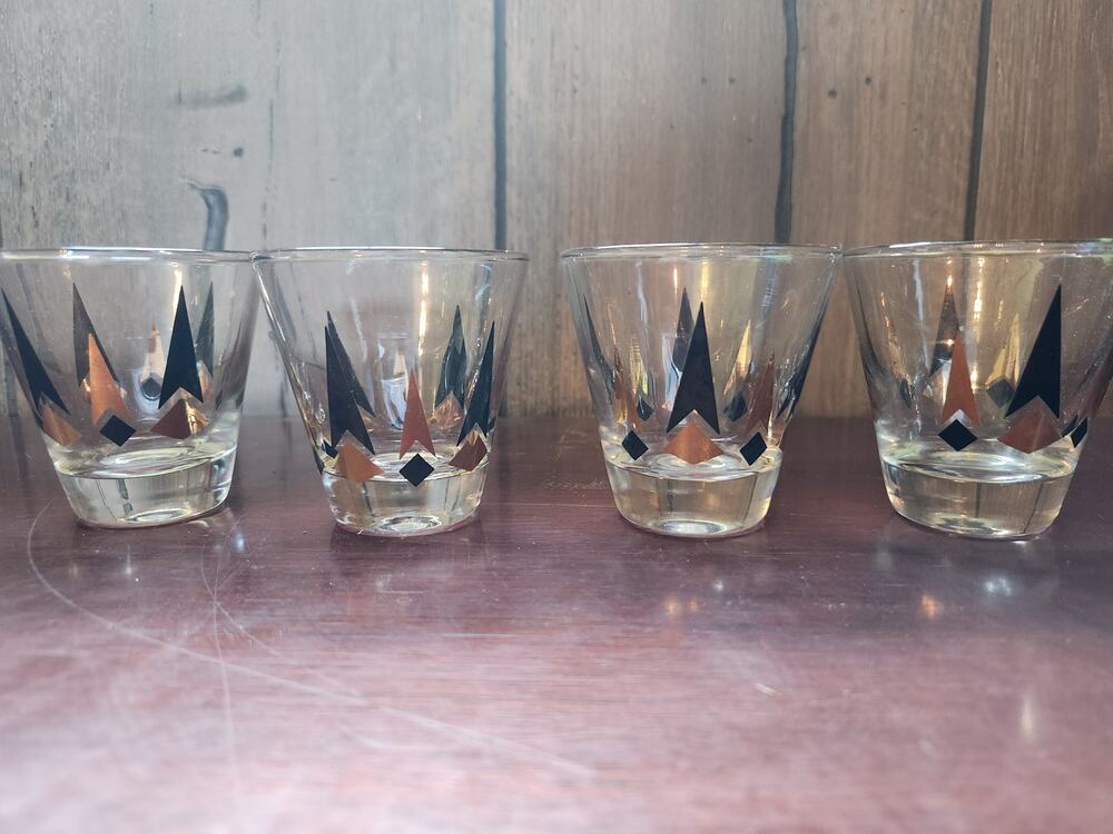 Set of 4 Vintage MCM Harlequin Atomic Rocks Glasses Black Gold Barware